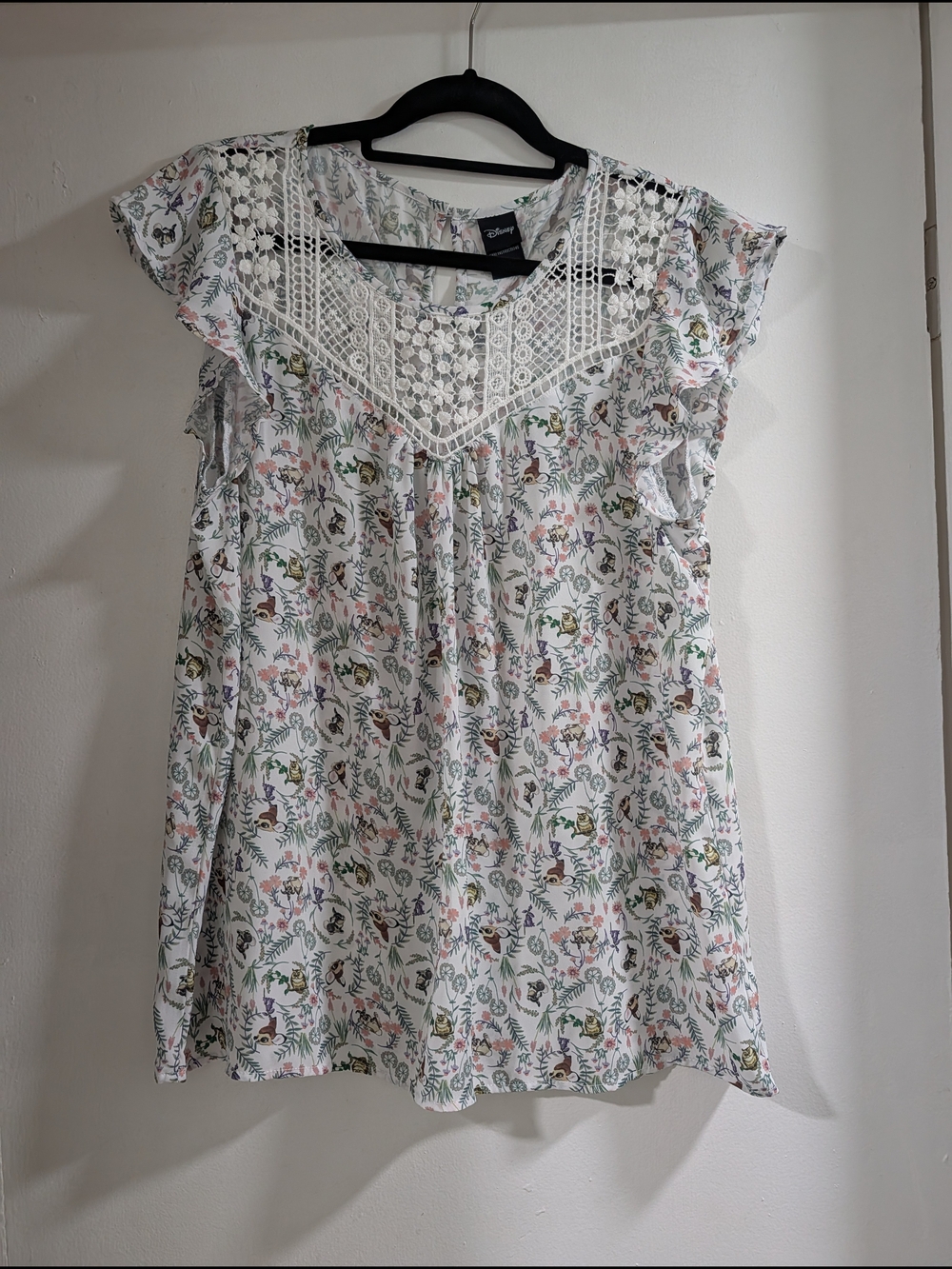 Disney White Floral Crochet Yoke Flutter Sleeve Top